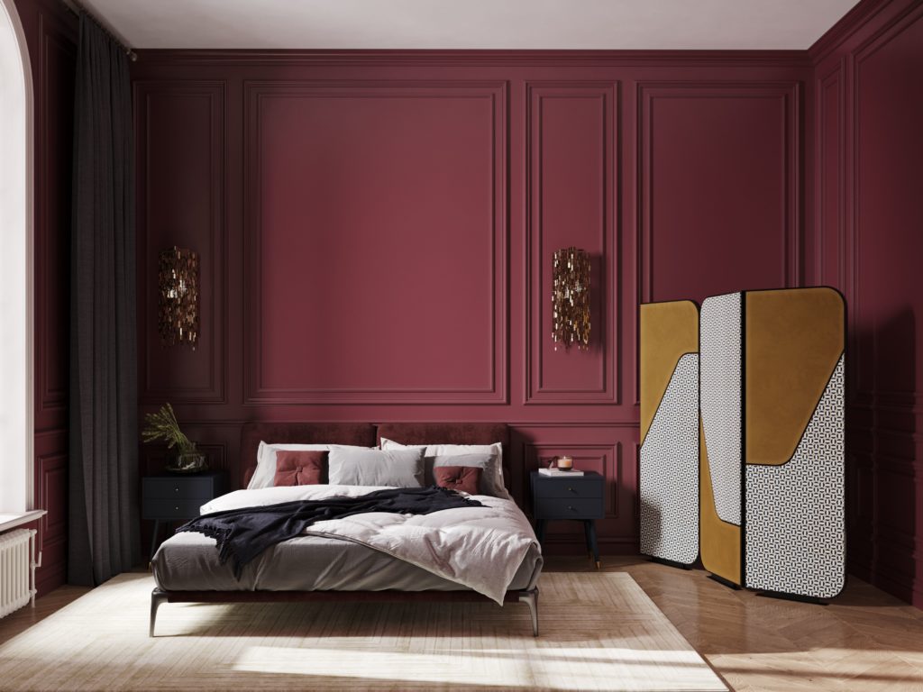 pantone-color-of-the-year-2023-viva-magenta-wall-and-a-mid-century-yellow-screen-in-this-spring-bedroom